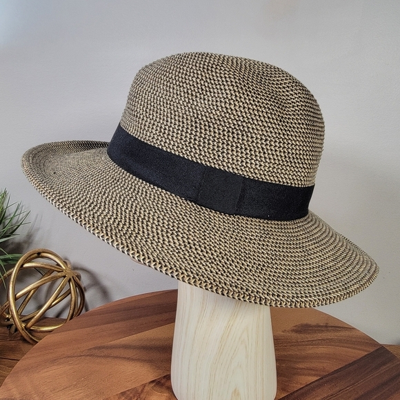 Jeanne Simmons Black and Tan Woven Sun Hat Women's One Size Summer Vacation - Picture 9 of 14